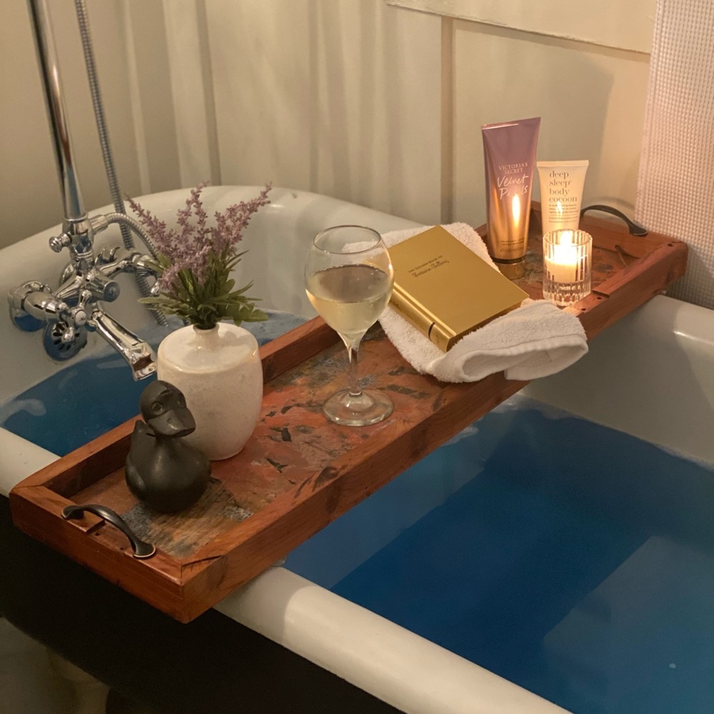 Handmade Reclaimed Wood Copper Bath Tray Wine Hold - Picture 1 of 14